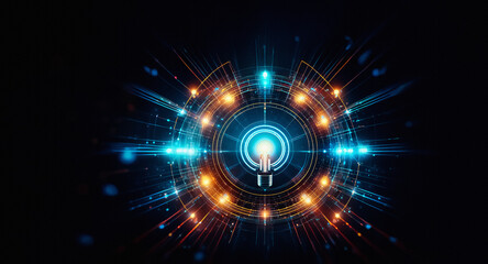 Obraz premium Abstract digital artwork featuring a central glowing sphere surrounded by concentric circles and radiating lines in blue and orange hues against a dark backdrop.