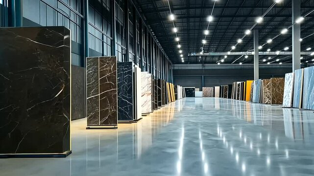 Polished marble slabs in earthy tones, leaning against steel racks in a spacious warehouse with organized sections and bright LED lighting