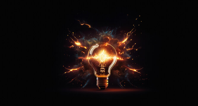 A bright light bulb powerfully illuminates against a stark, dark background, radiating energy and sparks, symbolizing a burst of innovation and creative ideas.