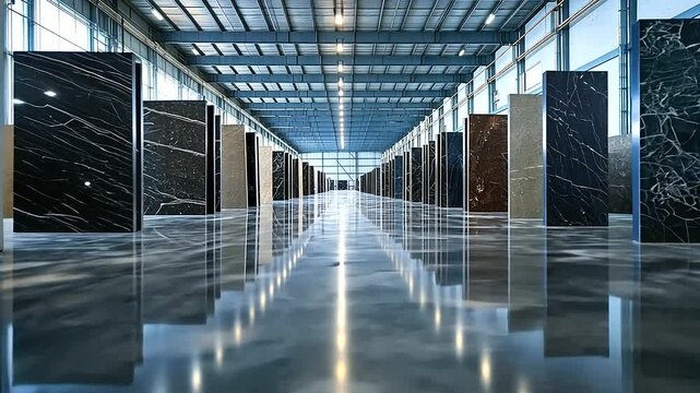 Rows of luxurious marble slabs, including soft pastel hues and rich dark colors, standing upright in a spacious, high-ceilinged warehouse