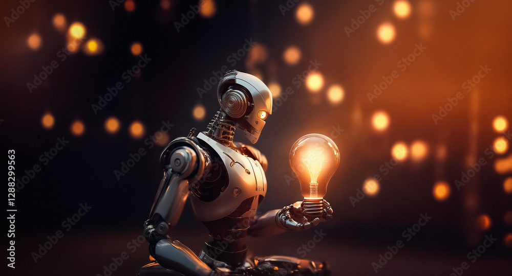 Poster A metallic robot with glowing eyes thoughtfully holds a lit light bulb in its hand, set against a dark backdrop with soft bokeh lights, symbolizing innovation and technological progress.