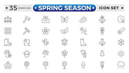 Spring season Equipment Icons Pack. Thin line icons set. Flatiron collection set. Outline planting flowers and seeds, watering cans, and fertilizers. Spring. Editable stroke outline icon. 