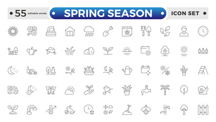Spring season Equipment Icons Pack. Thin line icons set. Flatiron collection set. Outline planting flowers and seeds, watering cans, and fertilizers. Spring. Editable stroke outline icon. 