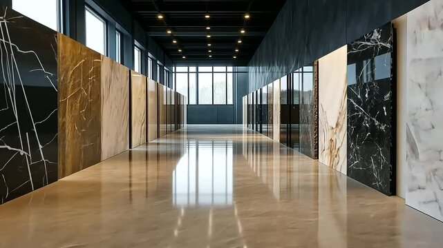 Rows of marble slabs with various textures, from glossy to matte finishes, neatly displayed in a modern storage facility with a sleek industrial design