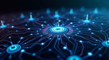 Futuristic high-tech network visual with glowing nodes and connections. Ideal for tech, innovation, and digital-related projects, conveying advanced data and AI systems.