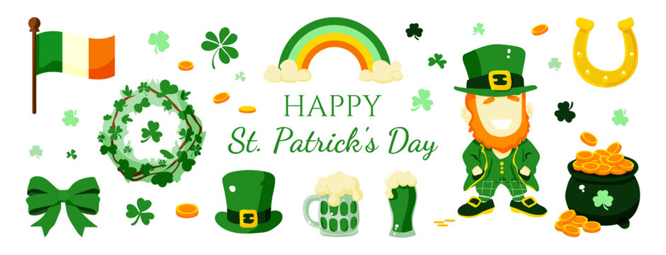 A colorful poster with a smiling man wearing a green hat and a green beard. The poster is titled "Happy St. Patrick's Day" and features a rainbow, a shamrock, a flag, and a pot of gold