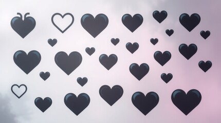 A vector illustration of a set of black hearts in various shapes and sizes