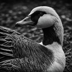 A high-contrast black-and-white image of a goose, emphasizing texture.