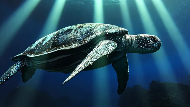 A leatherback sea turtle gracefully gliding through the deep ocean waters, illuminated by soft rays of light in the serene underwater environment during a calm day at sea
