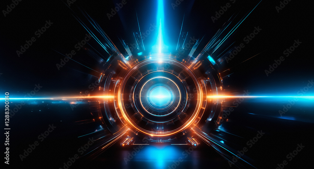 Aufkleber Abstract circular design with neon blue and orange lights on a black background. Futuristic and technological feel with a central glowing orb and radiating lines. Dynamic and energetic effect.
