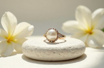 Beautiful golden engagement ring with pearl on a light background, luxury jewelry for a jeweler.