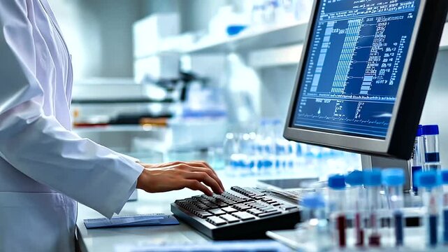 A scientist in a clean lab setting, working with test samples and entering data into a computer system, showcasing meticulous medical research and diagnostic processes
