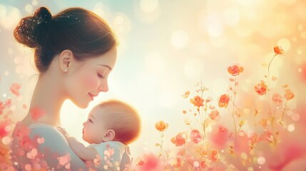 A mother's love! A loving scene of a mother holding her child, with a soft, dreamy background. Vector art