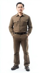 Fototapeta premium A confident man in a brown uniform stands with hands in pockets, showcasing professionalism and approachability.