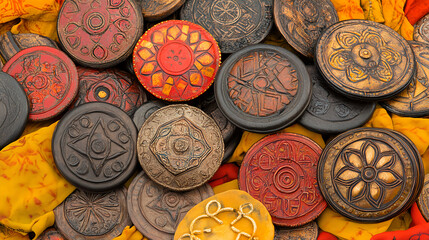 Fototapeta premium Artistic exploration of decorative traditional discs cultural market photography vibrant environment close-up view heritage concept