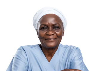 Warm elderly Ghanaian midwife cradling her hands with gentle expression on a white or transparent background