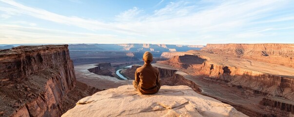 Naklejka premium Weathering process idea. A serene view of vast canyons under a clear sky, capturing nature's majestic beauty.