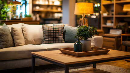 A cozy living room setup in a furniture store featuring a plush sofa coffee table and warm lighting.