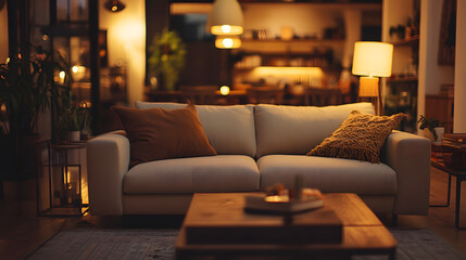 A cozy living room setup in a furniture store featuring a plush sofa coffee table and warm lighting.