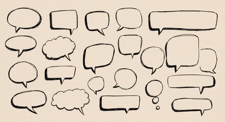 Fototapeta premium A collection of hand-drawn speech bubbles with sketchy, playful outlines, ideal for casual and artistic designs. The bubbles are casual and friendly, perfect for creative e-commerce use.