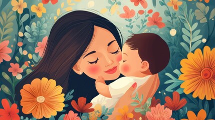 A mother's love! A loving scene of a mother holding her child, with a soft, dreamy background. Vector art