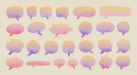  A set of watercolor-style speech bubbles with soft textures and pastel colors, perfect for elegant and natural-themed online shops. The bubbles have an artistic hand-painted look, with no text inside
