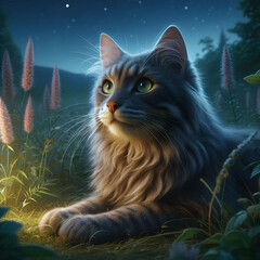 Obraz premium Fluffy cat resting in magical night landscape with fireflies