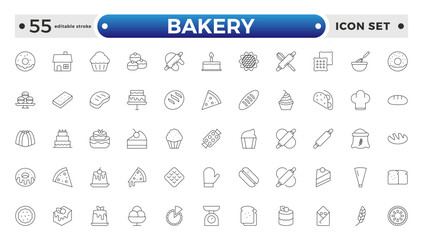 Bakery and dessert outline icon. Contains such Icons as cookie, pudding, oven, kitchen tools, doughnut, bread, macaroon, muffin And Other Elements. customize color.  Editable stroke outline icon. 
