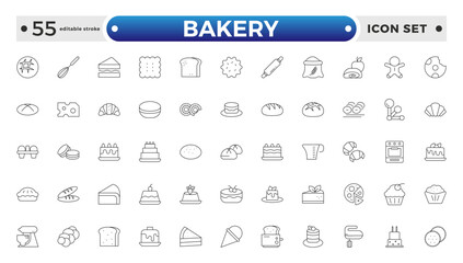 Bakery and dessert outline icon. Contains such Icons as cookie, pudding, oven, kitchen tools, doughnut, bread, macaroon, muffin And Other Elements. customize color.  Editable stroke outline icon. 
