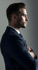 Confident businessman in suit with arms crossed in profile