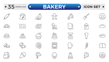 Bakery and dessert outline icon. Contains such Icons as cookie, pudding, oven, kitchen tools, doughnut, bread, macaroon, muffin And Other Elements. customize color.  Editable stroke outline icon. 
