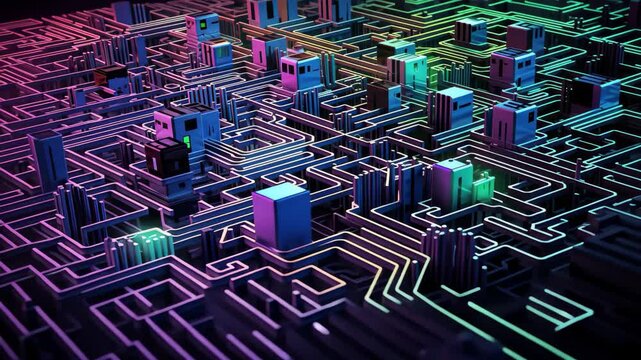 Exploring a vibrant neon maze of intricate circuit board patterns illuminated by colorful lights in a futuristic digital landscape at night
