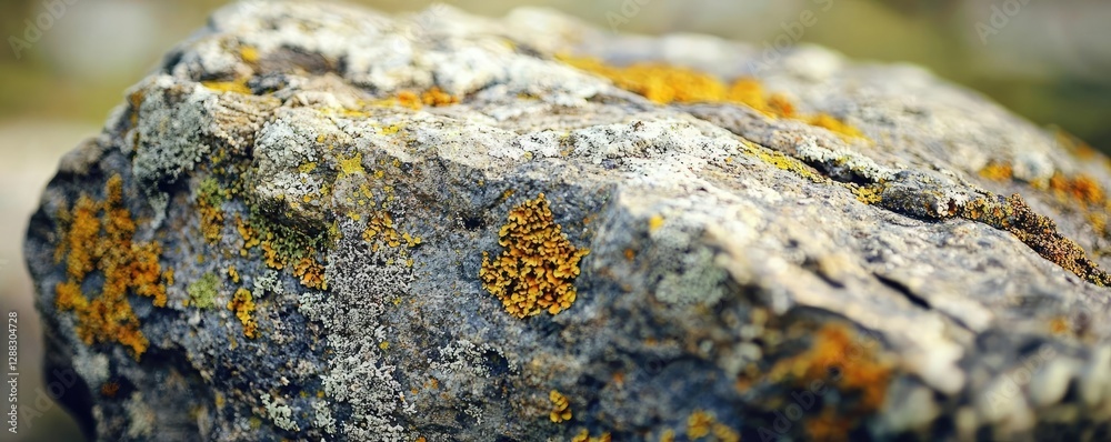 Poster Weathering process concept. Close-up of a textured rock covered with colorful lichen and moss.