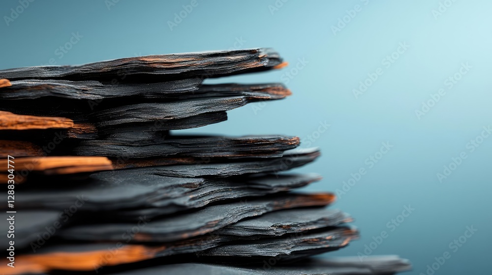 Poster Weathering process concept. Close-up of layered slate tiles showcasing textured surfaces and colors.