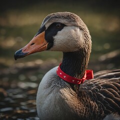 A goose wearing a tiny elegant ribbon around its neck.