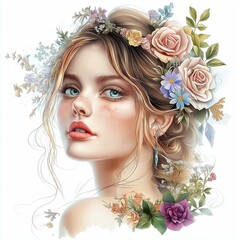 Naklejka premium A portrait of a young woman adorned with floral accents, radiating beauty and serenity in a vibrant, artistic style.
