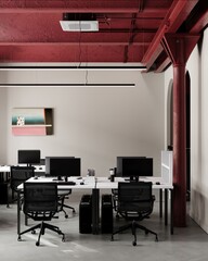 Corner view of modern office interior with coworking space, side view pc computers on shared tables without divider. Glass conference room for negotiation. 3D rendering