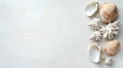 Seashells on light background, flat lay, still life, coastal theme, for social media or website