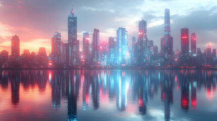 Fototapeta premium Futuristic city skyline at sunset