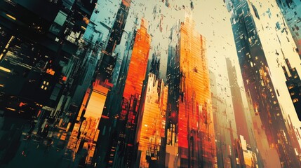 Naklejka premium Abstract urban art with bold strokes of red, yellow, and black creating a futuristic cityscape. Geometric shapes and layered textures evoke a dynamic and chaotic atmosphere. Generative AI