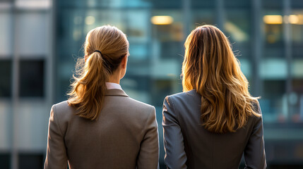 Two businesswomen standing back to back gazing at cityscape, symbolizing partnership, vision, and future prospects in finance.