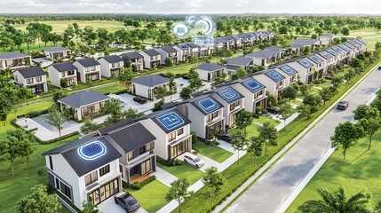 Sustainable housing development with solar panels suburban area aerial view modern architecture eco-friendly concept