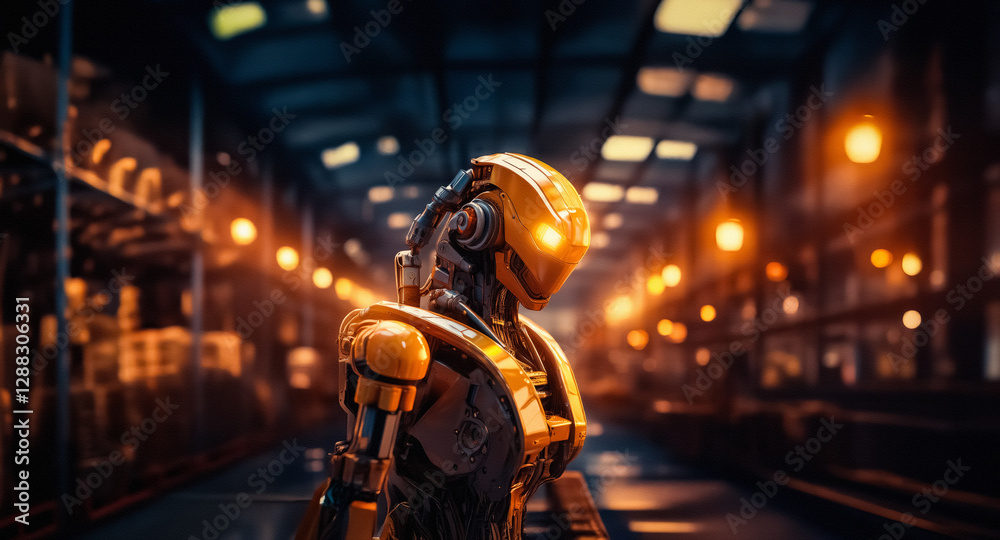 Aufkleber a metallic robot with glowing eyes stands in a dimly lit industrial interior. the futuristic automat