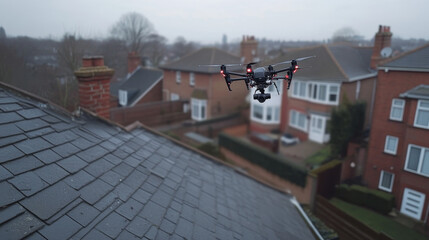 A drone hovers above a slate roof, surveying a quiet residential area filled with houses. The day is cloudy, indicating a cool atmosphere in the suburban setting