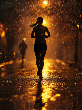 Evening jog in the rain with city lights glowing