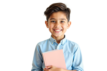 Smiling young boy portrait holding book, light blue shirt, hazel-green eyes, brown hair, cheerful, natural, photorealistic. Isolated on transparent background for education, school projects,