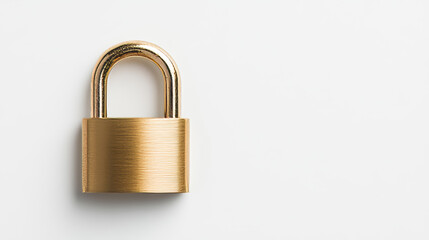 Fototapeta premium A golden padlock sits prominently on a clean white surface, symbolizing security and safety. Its polished design reflects light, drawing attention to the concept of locking away valuables