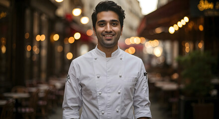 Fototapeta premium Smiling chef in white uniform standing in a cozy restaurant street