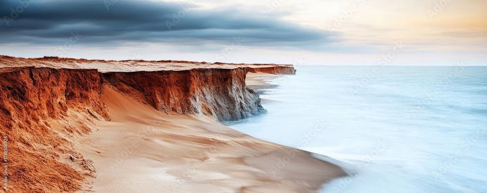 Poster weathering process idea. stunning coastal view with cliffs at sunset beneath a dramatic sky.