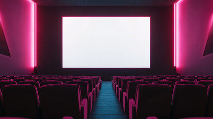 Fototapeta premium A modern cinema interior features plush red seats arranged in neat rows, illuminated by soft pink neon lighting. The large blank screen is set for an upcoming film, creating an inviting atmosphere